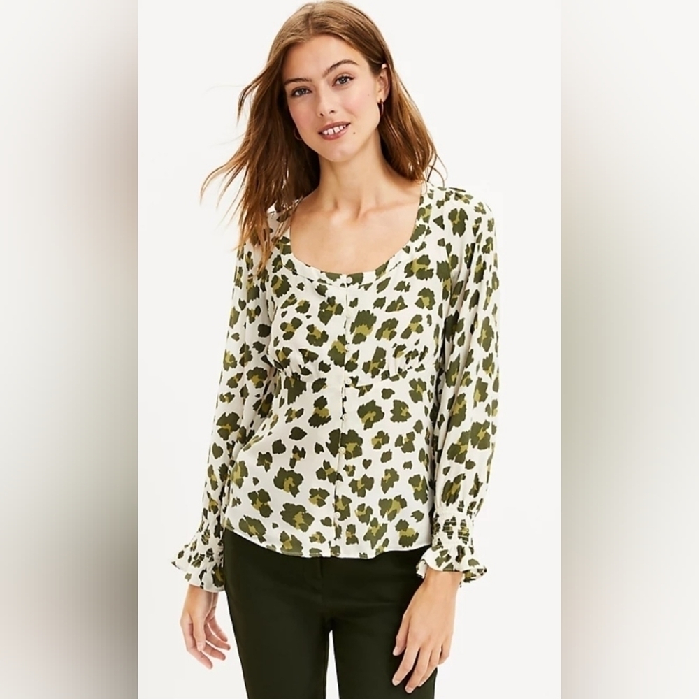 Leopard Print Smocked Cuff Square Neck olive green top  NWT Size MP